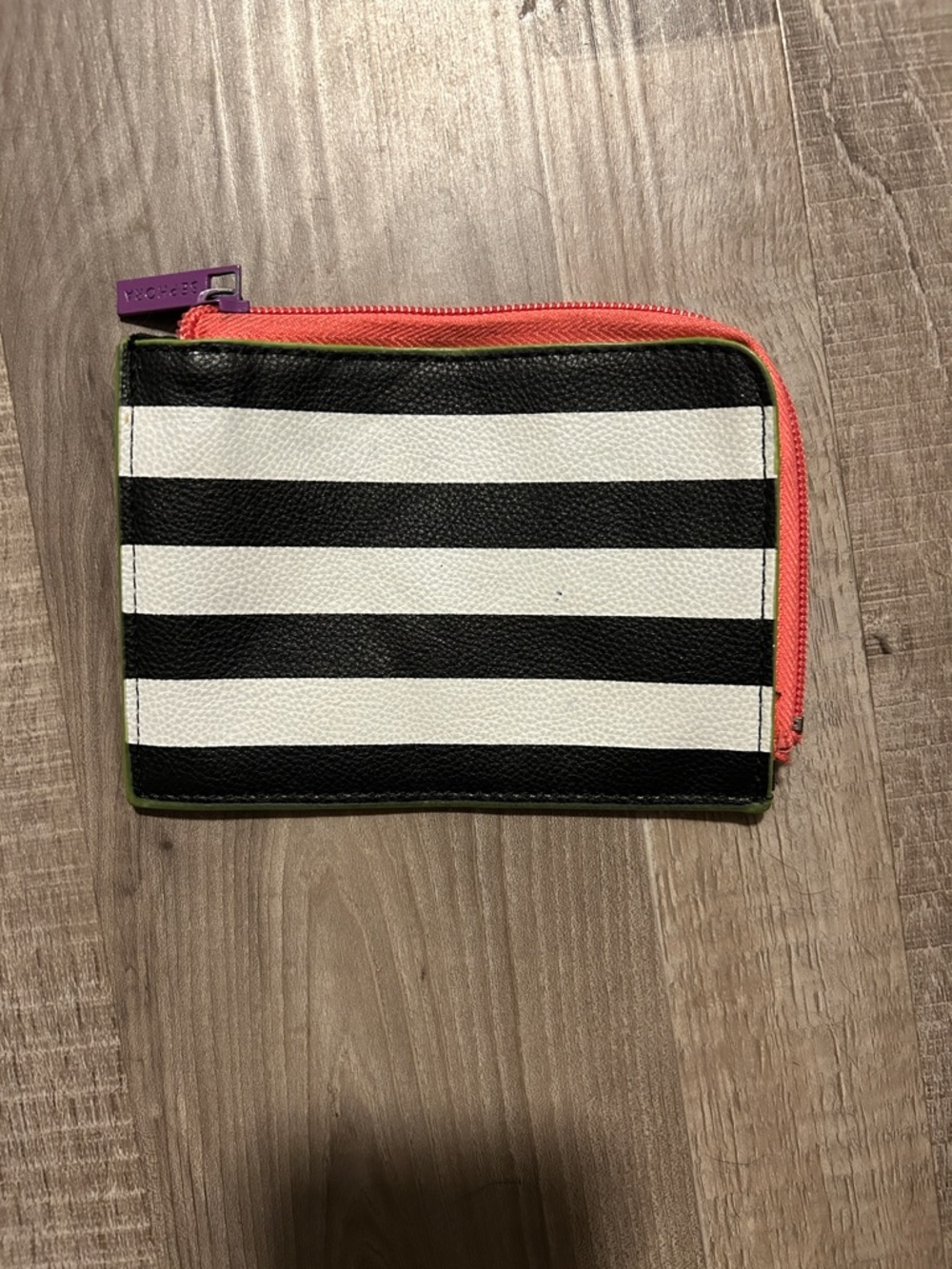 Sephora Black & White Striped Pouch with Coral Zip and Purple Wallet